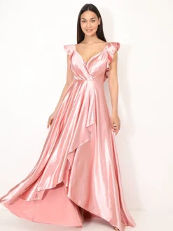 Outlet La Modeuse Robe longue satinée avec mancherons volants VieuxRose
