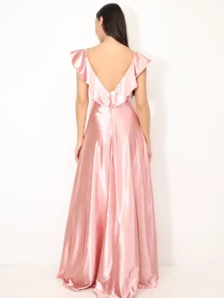 Outlet La Modeuse Robe longue satinée avec mancherons volants VieuxRose
