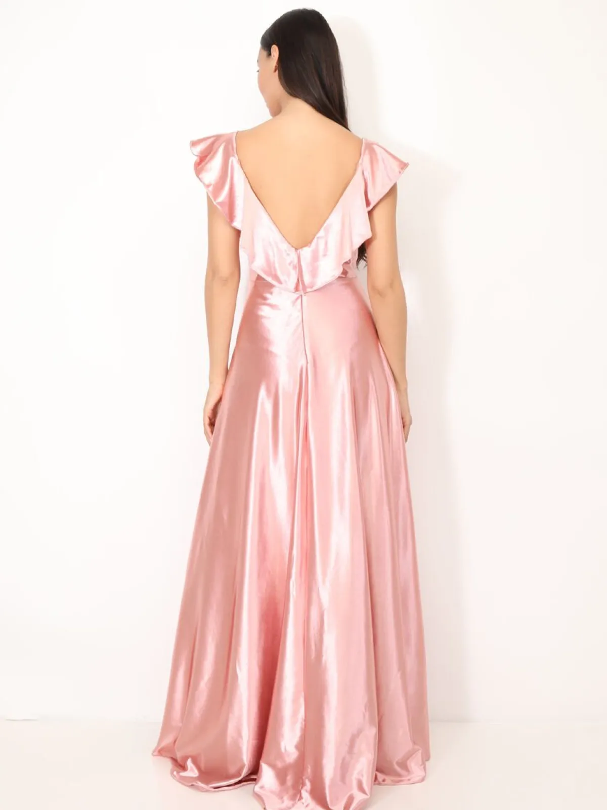 Outlet La Modeuse Robe longue satinée avec mancherons volants VieuxRose