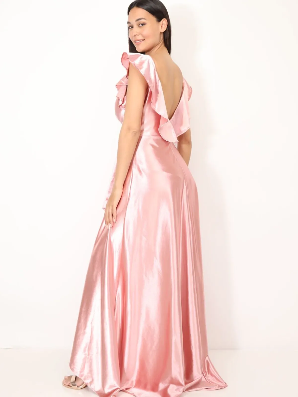Outlet La Modeuse Robe longue satinée avec mancherons volants VieuxRose