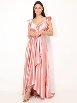 Outlet La Modeuse Robe longue satinée avec mancherons volants VieuxRose