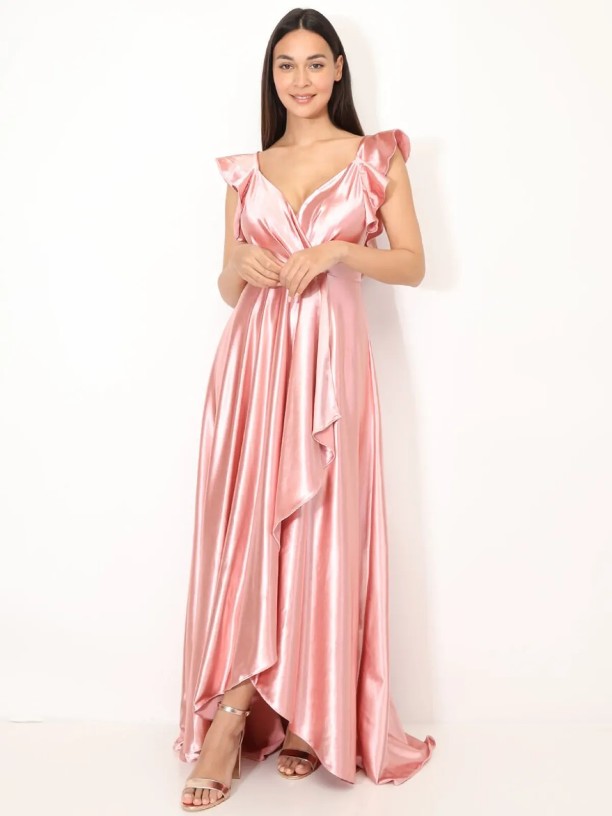 Outlet La Modeuse Robe longue satinée avec mancherons volants VieuxRose