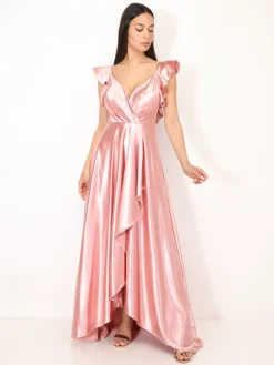 Outlet La Modeuse Robe longue satinée avec mancherons volants VieuxRose