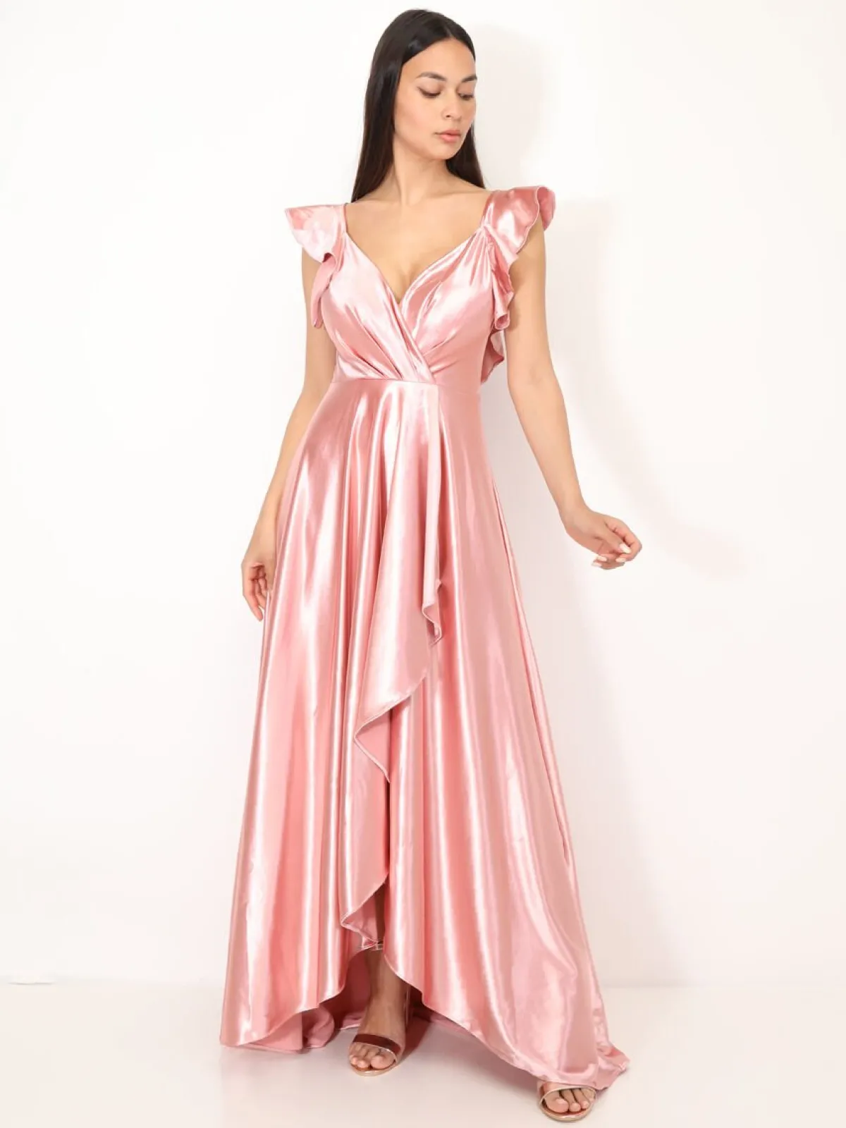 Outlet La Modeuse Robe longue satinée avec mancherons volants VieuxRose