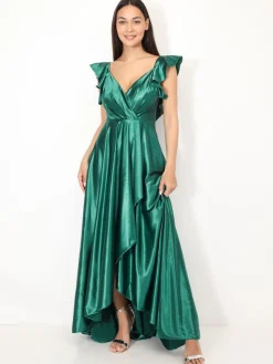 Online La Modeuse Robe longue satinée avec mancherons volants Vertfoncé