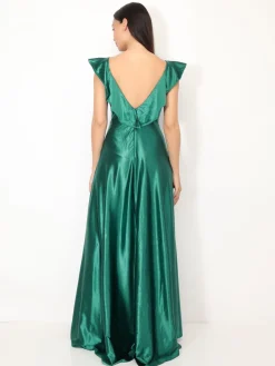 Online La Modeuse Robe longue satinée avec mancherons volants Vertfoncé