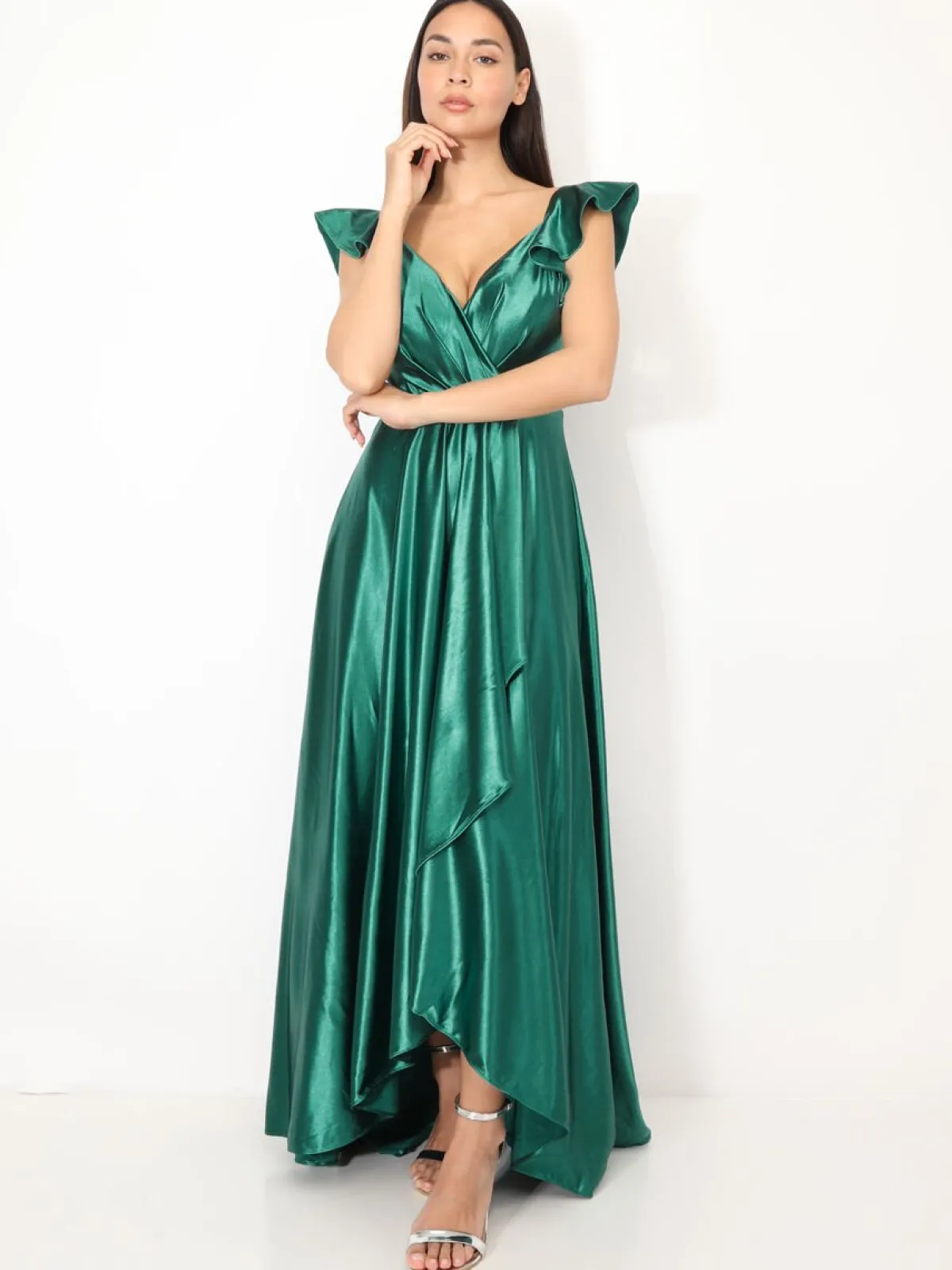 Online La Modeuse Robe longue satinée avec mancherons volants Vertfoncé