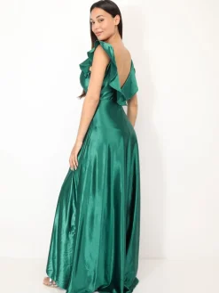 Online La Modeuse Robe longue satinée avec mancherons volants Vertfoncé