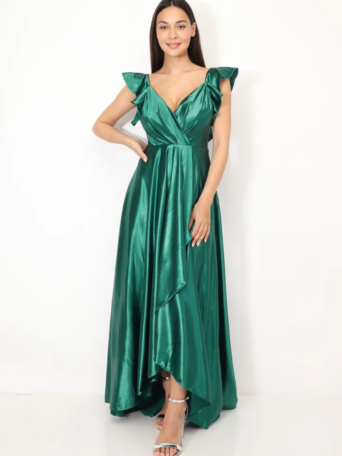 Online La Modeuse Robe longue satinée avec mancherons volants Vertfoncé