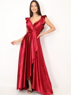La Modeuse Robe longue satinée avec mancherons volants Rougefoncé