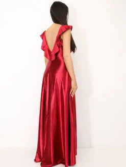 La Modeuse Robe longue satinée avec mancherons volants Rougefoncé