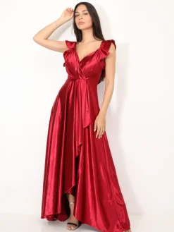 La Modeuse Robe longue satinée avec mancherons volants Rougefoncé