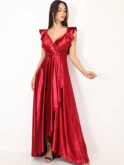 La Modeuse Robe longue satinée avec mancherons volants Rougefoncé