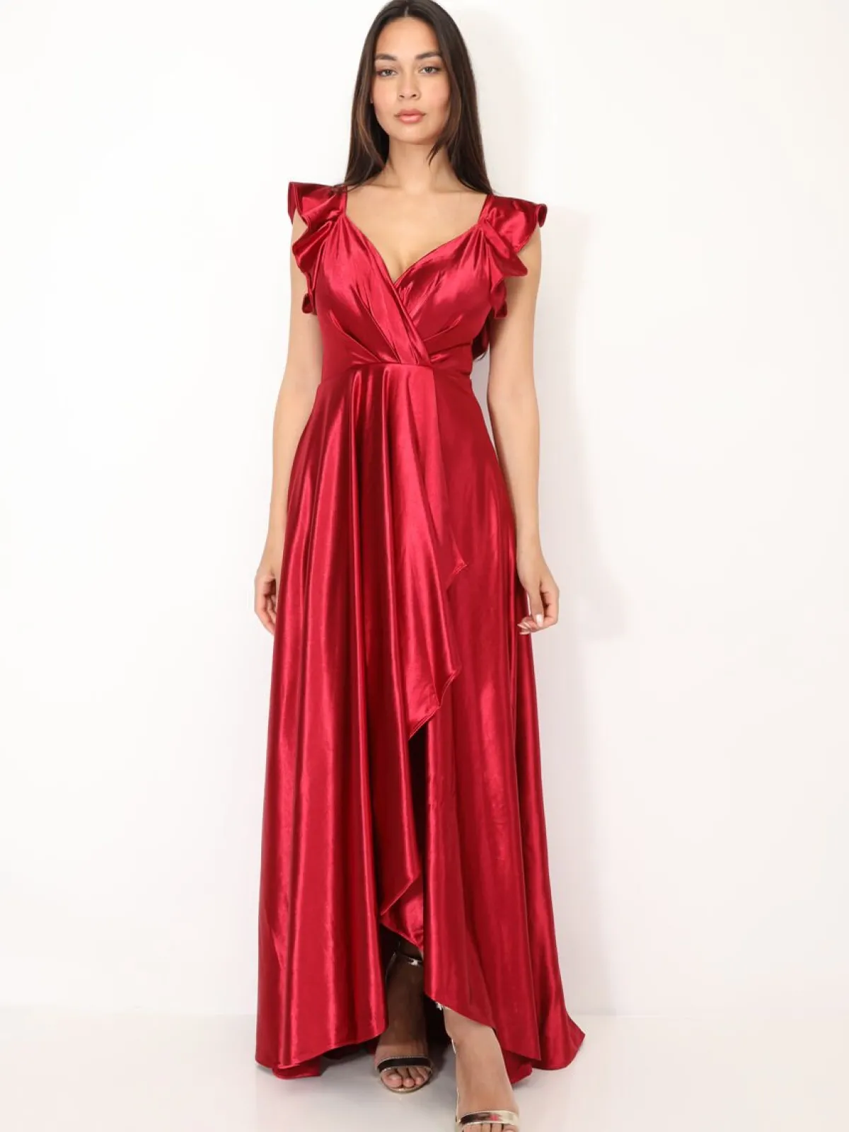 La Modeuse Robe longue satinée avec mancherons volants Rougefoncé