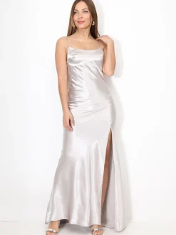 Discount La Modeuse Robe longue satinée et fendue Taupe
