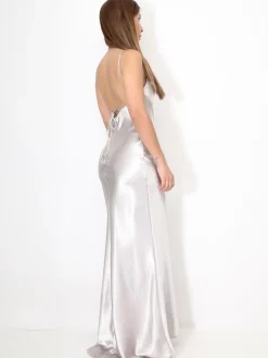 Discount La Modeuse Robe longue satinée et fendue Taupe