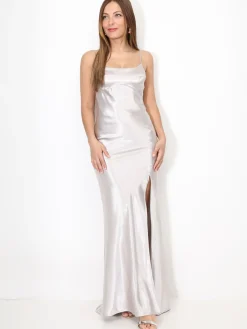 Discount La Modeuse Robe longue satinée et fendue Taupe