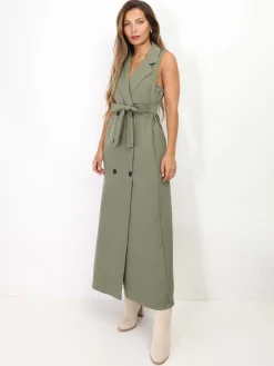 Discount La Modeuse Robe longue style blazer à nouer Kaki