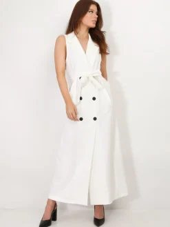 New La Modeuse Robe longue style blazer à nouer Blanc