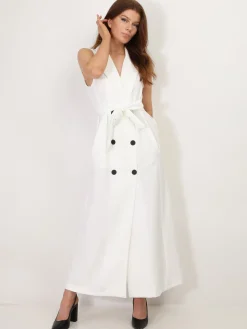 New La Modeuse Robe longue style blazer à nouer Blanc