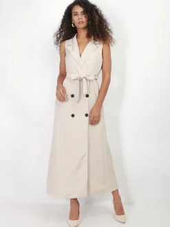 La Modeuse Robe longue style blazer à nouer Beige