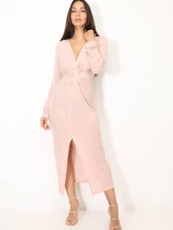 Clearance La Modeuse Robe longue torsadée et fendue Rose