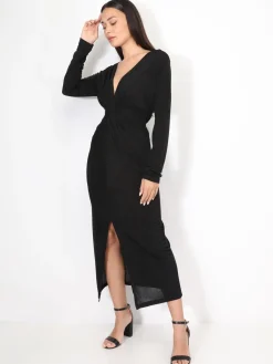 Discount La Modeuse Robe longue torsadée et fendue Noir