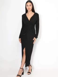 Discount La Modeuse Robe longue torsadée et fendue Noir