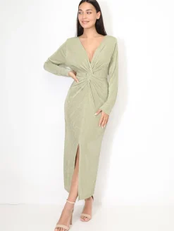 Online La Modeuse Robe longue torsadée et fendue VertOlive