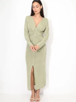 Online La Modeuse Robe longue torsadée et fendue VertOlive