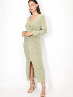 Online La Modeuse Robe longue torsadée et fendue VertOlive