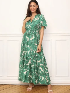 Clearance La Modeuse Robe longue évasée à grandes fleurs Vert