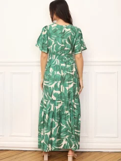 Clearance La Modeuse Robe longue évasée à grandes fleurs Vert