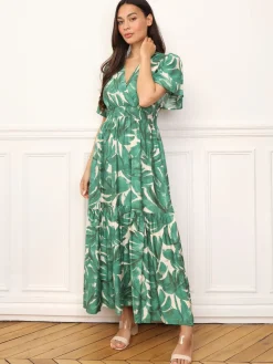 Clearance La Modeuse Robe longue évasée à grandes fleurs Vert