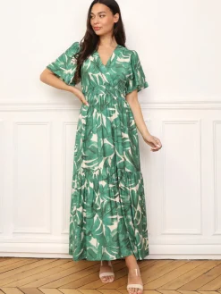 Clearance La Modeuse Robe longue évasée à grandes fleurs Vert