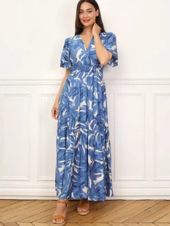 Hot La Modeuse Robe longue évasée à grandes fleurs Bleu