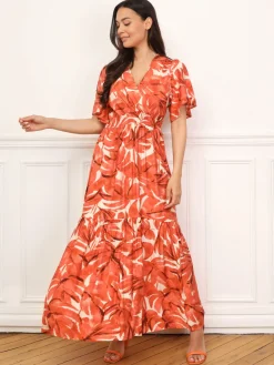 Online La Modeuse Robe longue évasée à grandes fleurs Orange