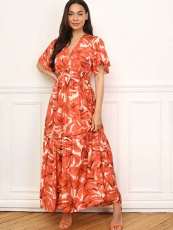Online La Modeuse Robe longue évasée à grandes fleurs Orange