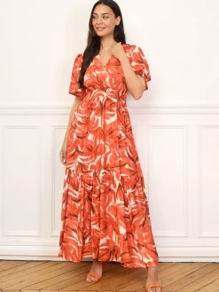 Online La Modeuse Robe longue évasée à grandes fleurs Orange