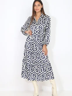 Online La Modeuse Robe longue évasée à motif rétro BleuMarine