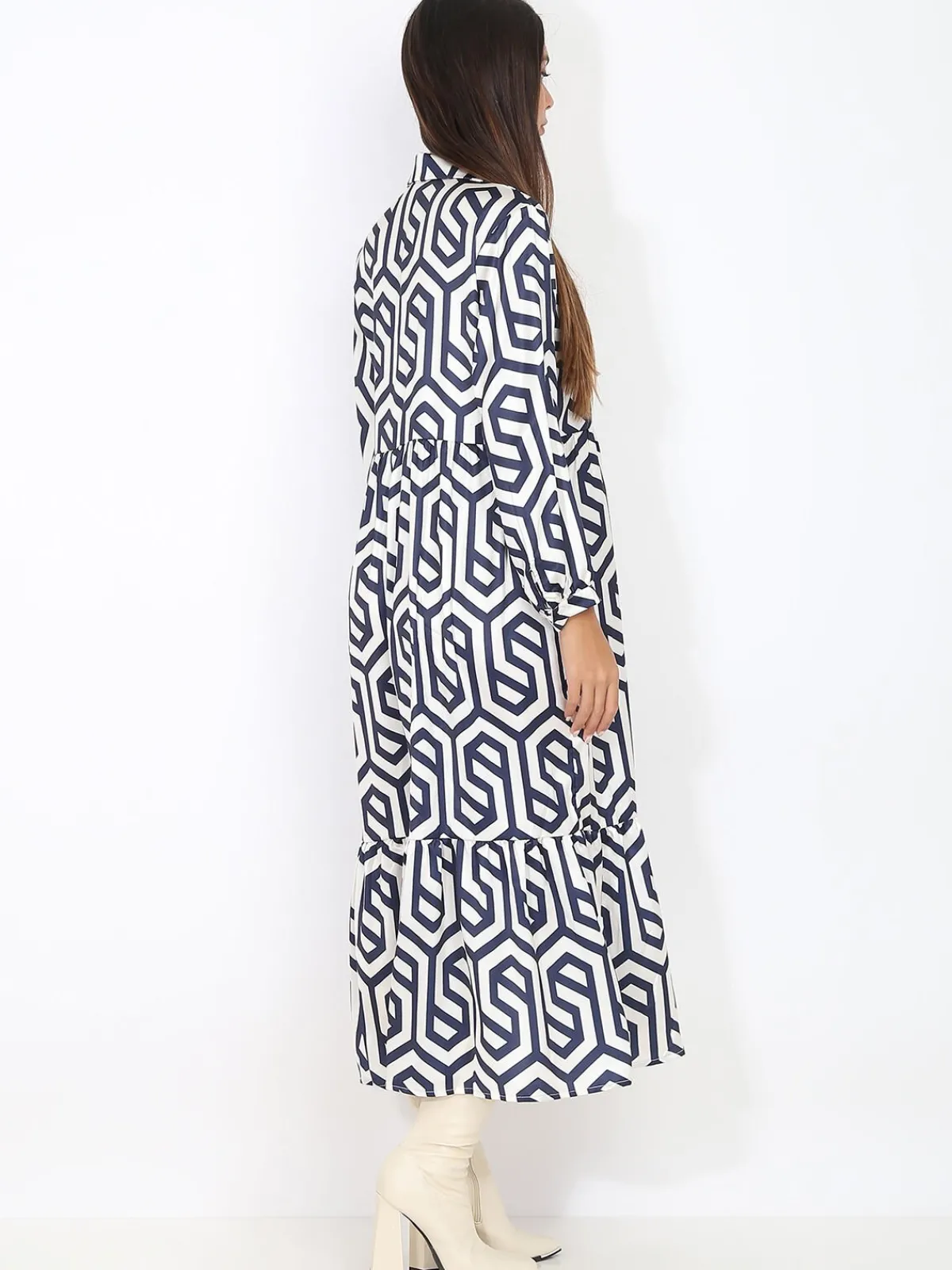 Online La Modeuse Robe longue évasée à motif rétro BleuMarine