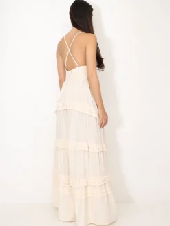 Outlet La Modeuse Robe longue évasée à volants Beige