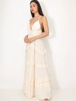 Outlet La Modeuse Robe longue évasée à volants Beige