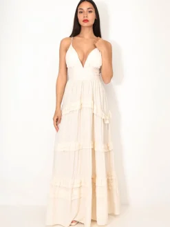 Outlet La Modeuse Robe longue évasée à volants Beige
