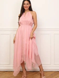 Clearance La Modeuse Robe longue évasée à volants VieuxRose