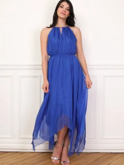 Hot La Modeuse Robe longue évasée à volants Bleu
