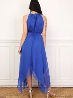Hot La Modeuse Robe longue évasée à volants Bleu