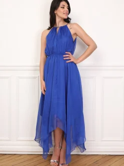 Hot La Modeuse Robe longue évasée à volants Bleu