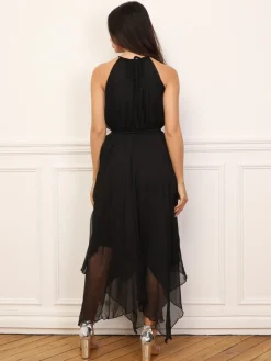 Sale La Modeuse Robe longue évasée à volants Noir