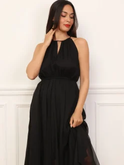 Sale La Modeuse Robe longue évasée à volants Noir